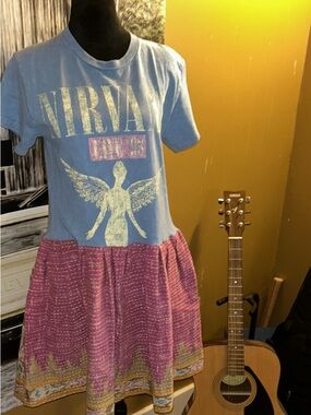 Upcycled Nirvana Graphic Blue & Pink Women's Skirt Dress